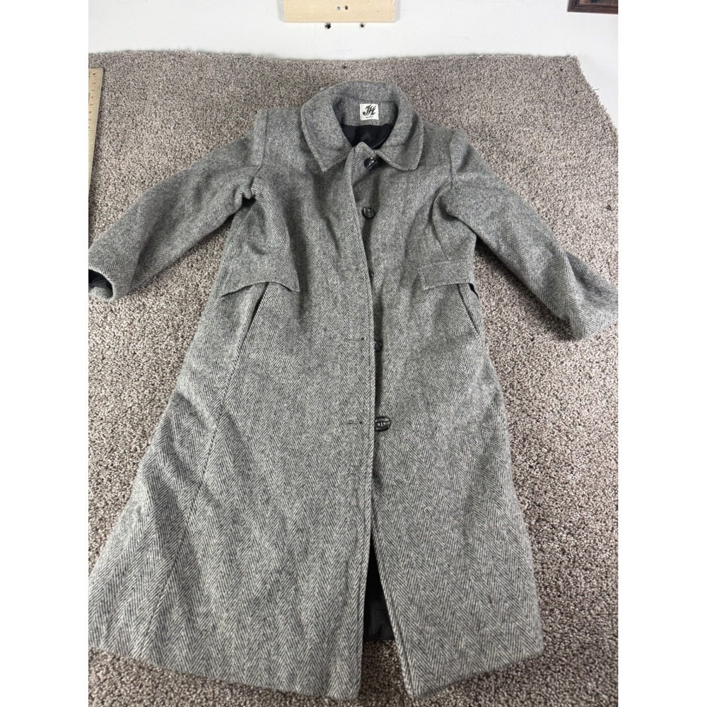 JH‎ Made in USA Mens Grey Herringbone Wool Blend Long Trench Coat Overcoat 38